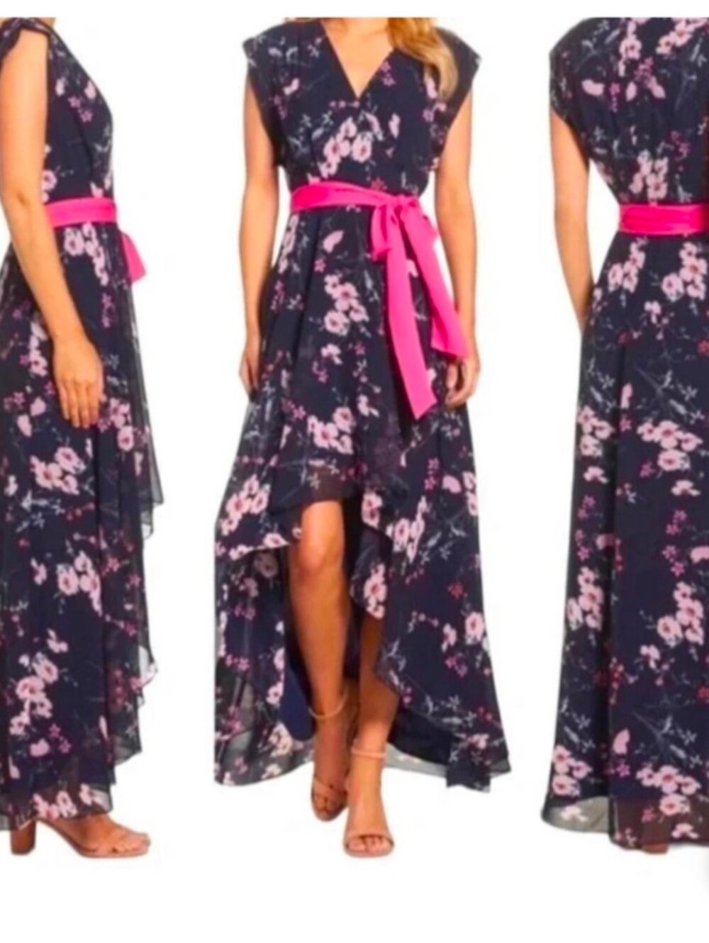 Eliza J Black Dress with Pink Floral High-Low Hem